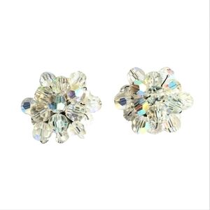 Vintage Aurora Borealis‎ Crystal Beaded Earrings Clip-On 60s Retro Iridescent